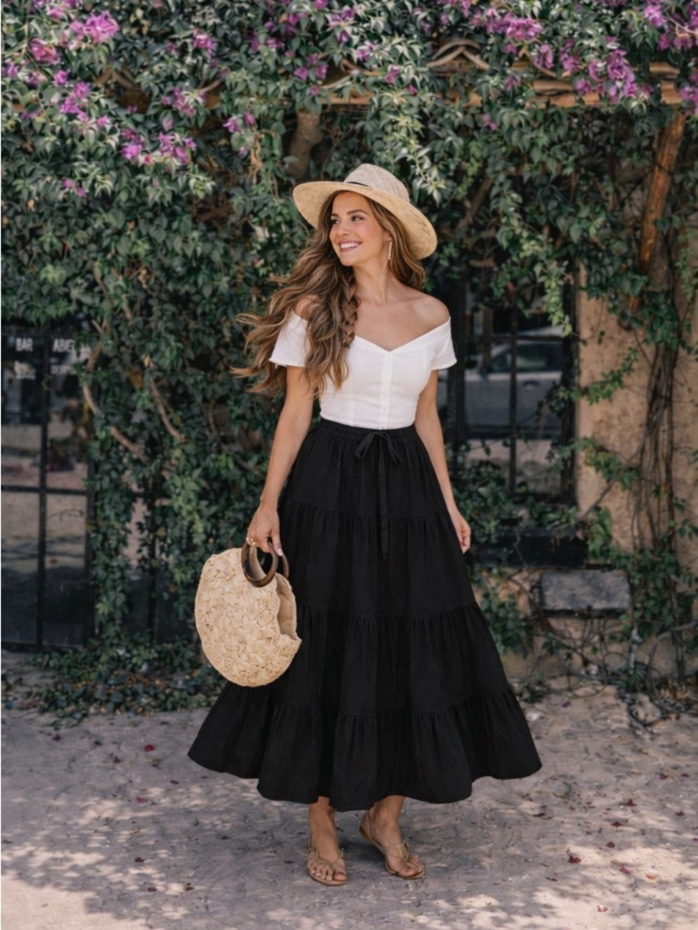 Tiered Maxi Skirt Women Elastic Waist Drawstring Boho Flowy Cotton - Black